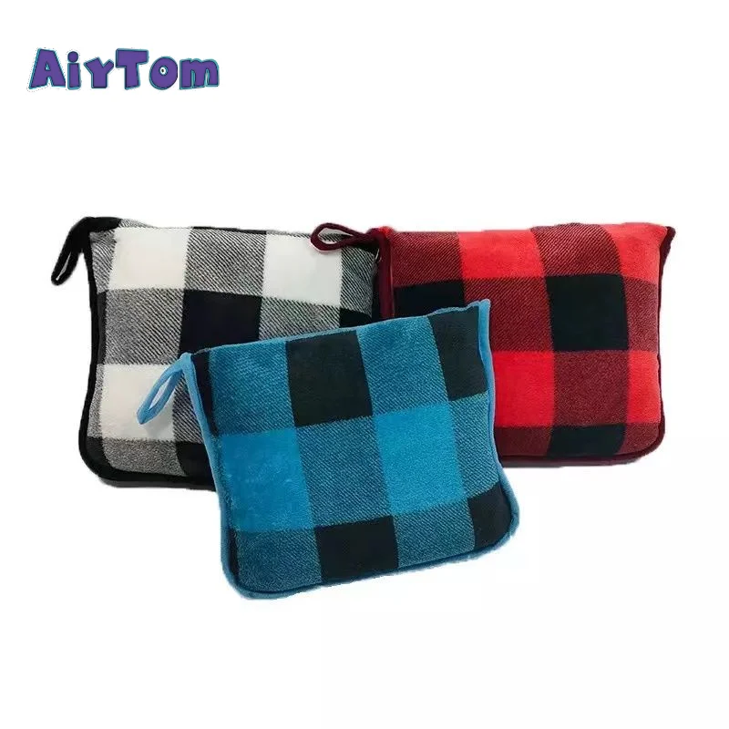 Wholesale coral fleece plaid and solid color 2 in 1 portable blanket and pillow travel throw blanket set for trip