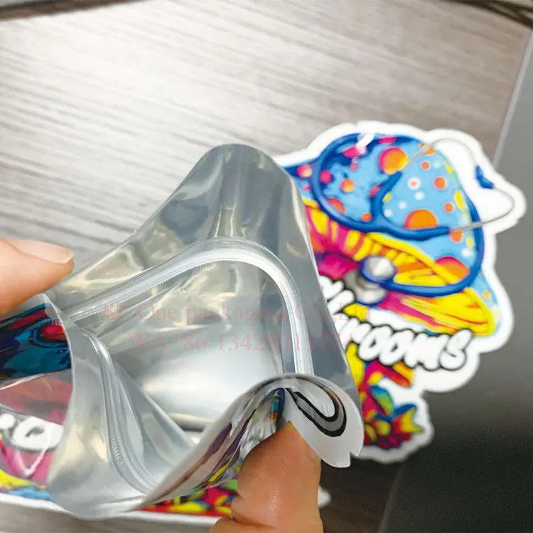 Custom Printed Special Shaped Soft Touch glossy Food Grade 3.5g Smell Proof mushroom shape  Die Cut Mylar Bags