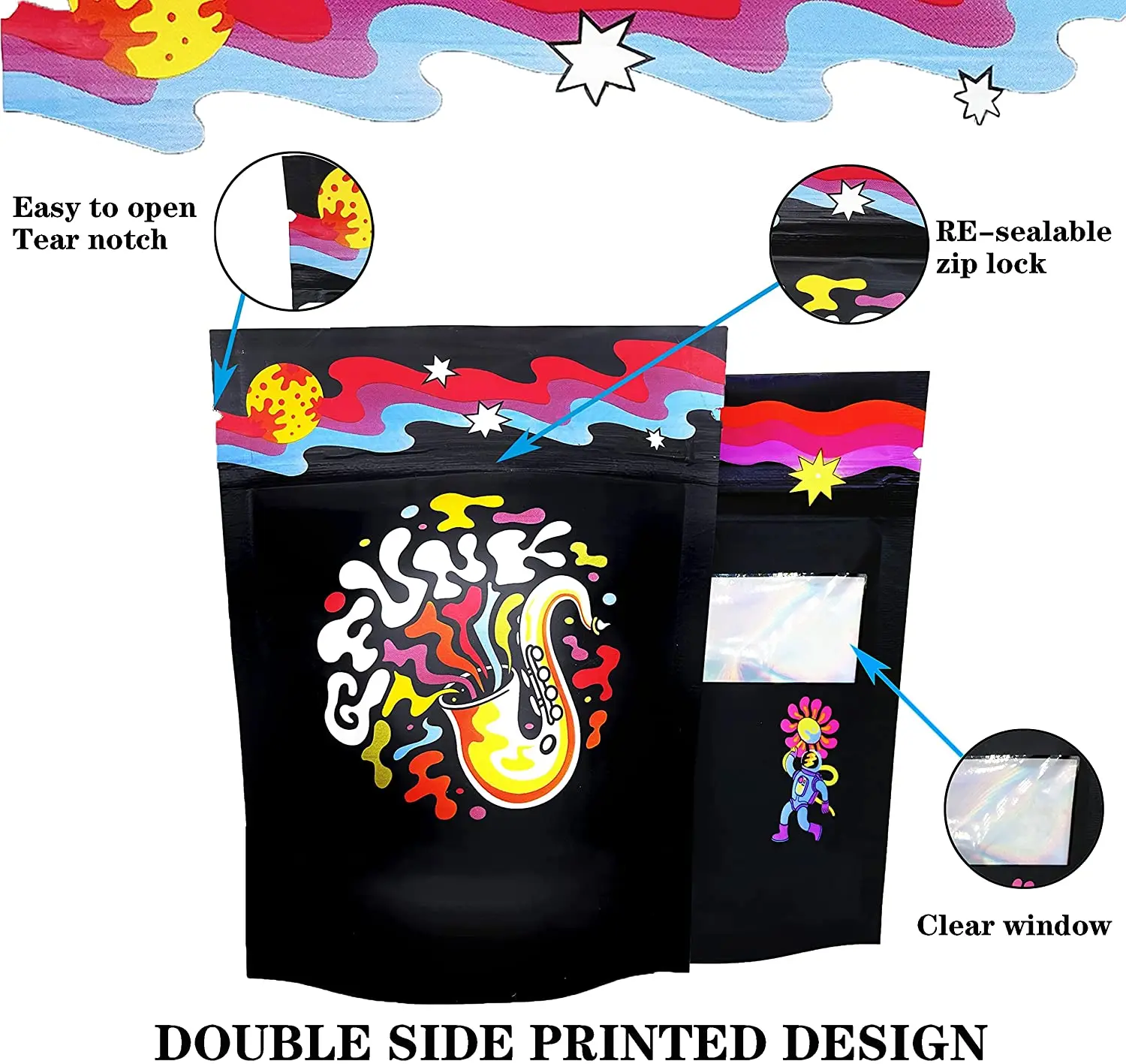 MIX Holographic Printed Design Stand Up Pouch Storage and Cookie Polyester Film Bag Resealable Zip Lock Foil Mylar Bags