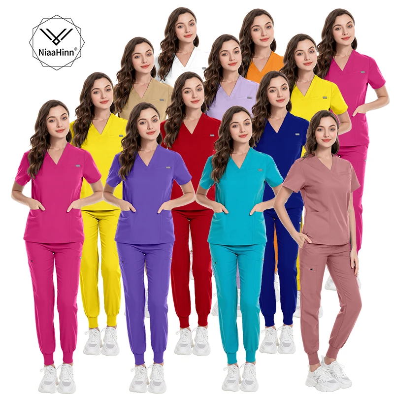 Excellent Quality Fashion Stretch Fabric Unisex Womens Men Khaki White Red Pink Blue Nurse Scrub Uniform Sets Spa Uniform