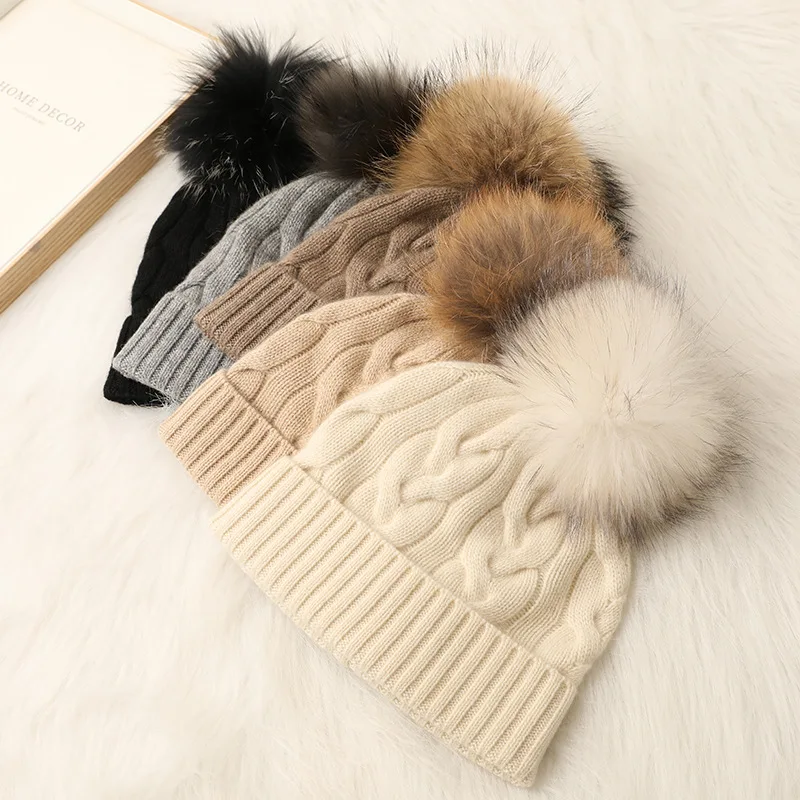 2024 New Arrivals Manufacturer Custom 100% Cashmere Fur Pom Pom Beanie Winter Ladies Blank Cable Knit Beanie Hat for Women