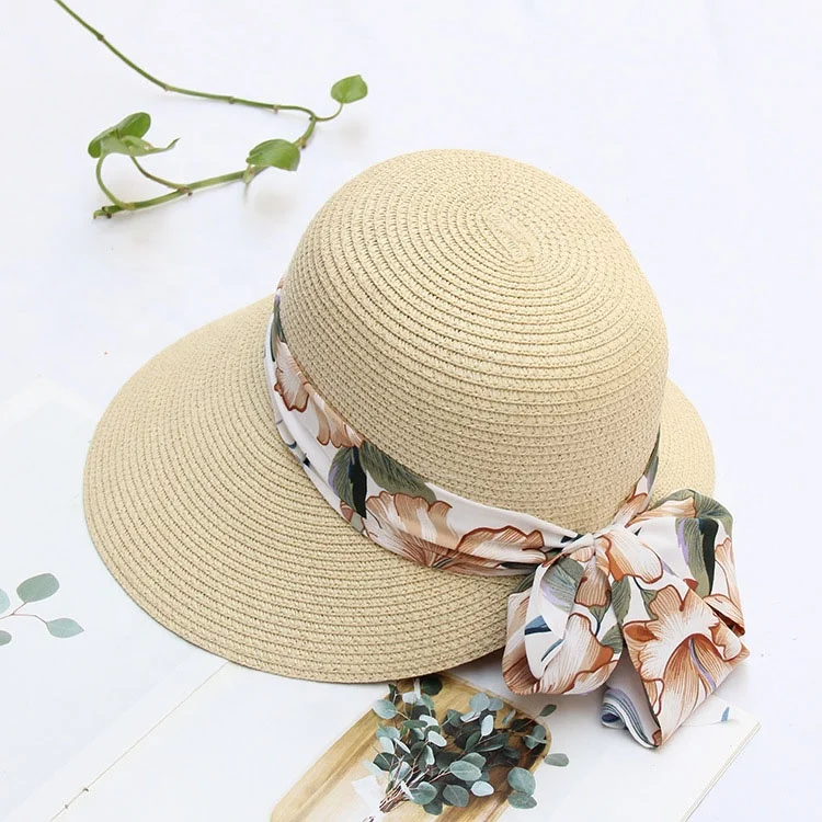 Fashionable paper bucket hat floral printed ribbon adjustable beach hats for women summer foldable handy straw hat