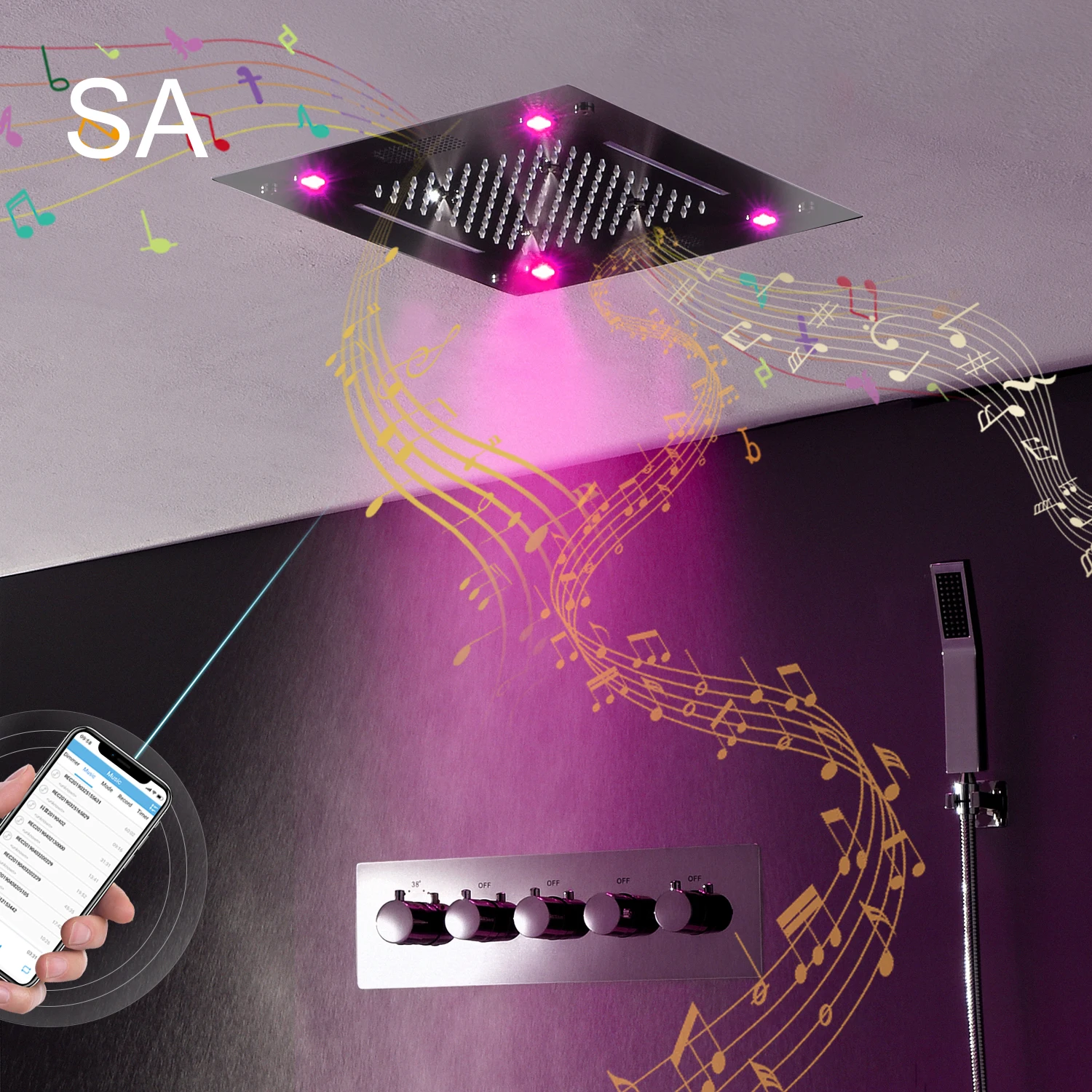16 Inches 40x40 cm Rain and Waterfall Embedded Ceiling LED Bluetooth Music Shower Head Bathroom Thermostatic Shower Faucet Set
