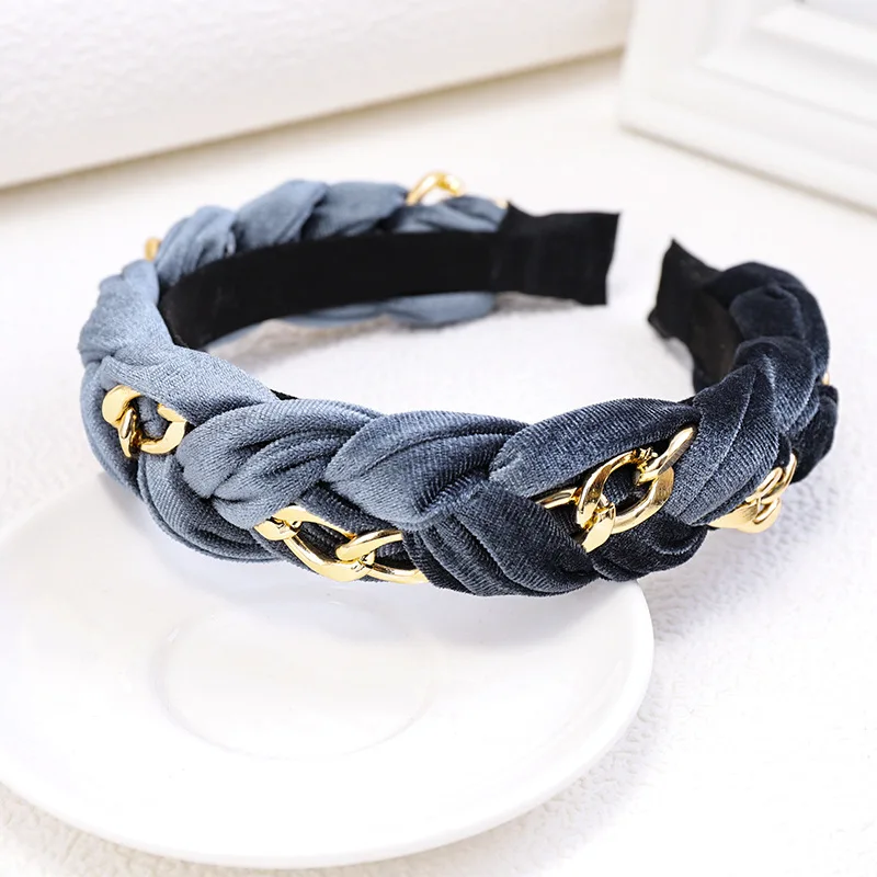 Autumn Winter Twist Braid Hair Band Wide Brimmed Golden Velvet Metal Chain Headband
