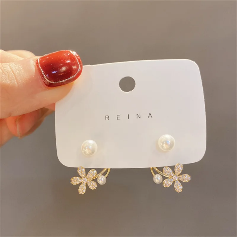 Flower Earrings 2023 New Light Luxury Two-wear Small Earrings Designed Pearl Fashion for Women Gold Plated Trendy Alloy Zircon
