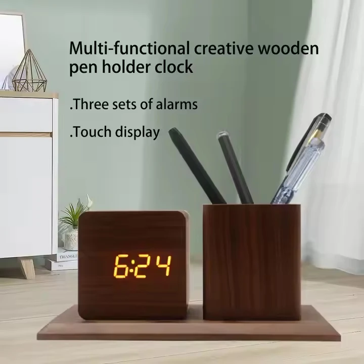 Creative LED Smart Alarm Clock Home Office Desktop Pen Holder Wood Clock Smart Electronic Clock