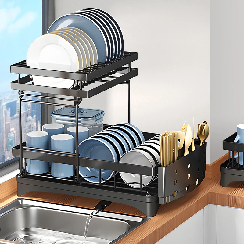 2 Tier Dish Drying Rack Kitchen Drainboard Utensil Holder Over The Sink Multifunction Drainer Rack