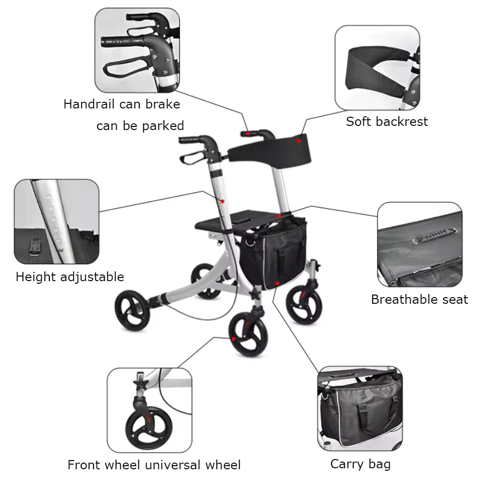 Walker And Rollers 4 Wheels Rehabilitation Equipment Walker Aluminum Surgical Medical Activity Older Adult Folding Types