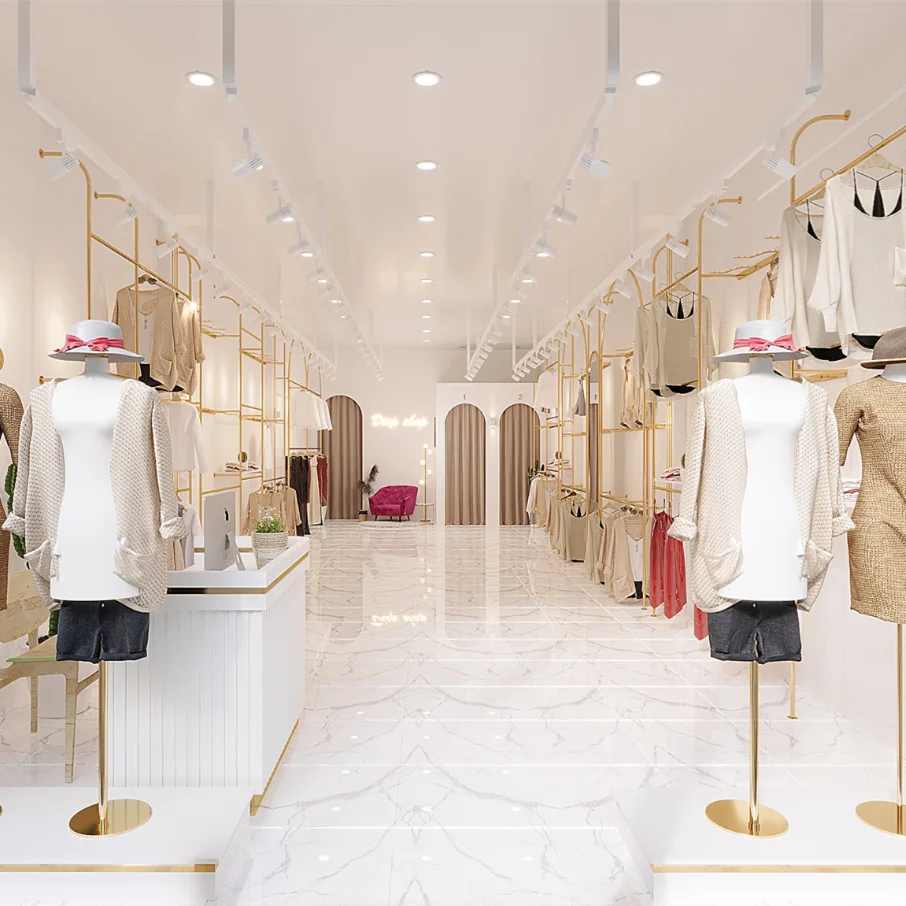 Custom Boutique Furniture Gold Stainless Steel Clothes Wall Display Shelf Hot Retail Fashion Girl Clothing Store Display Rack
