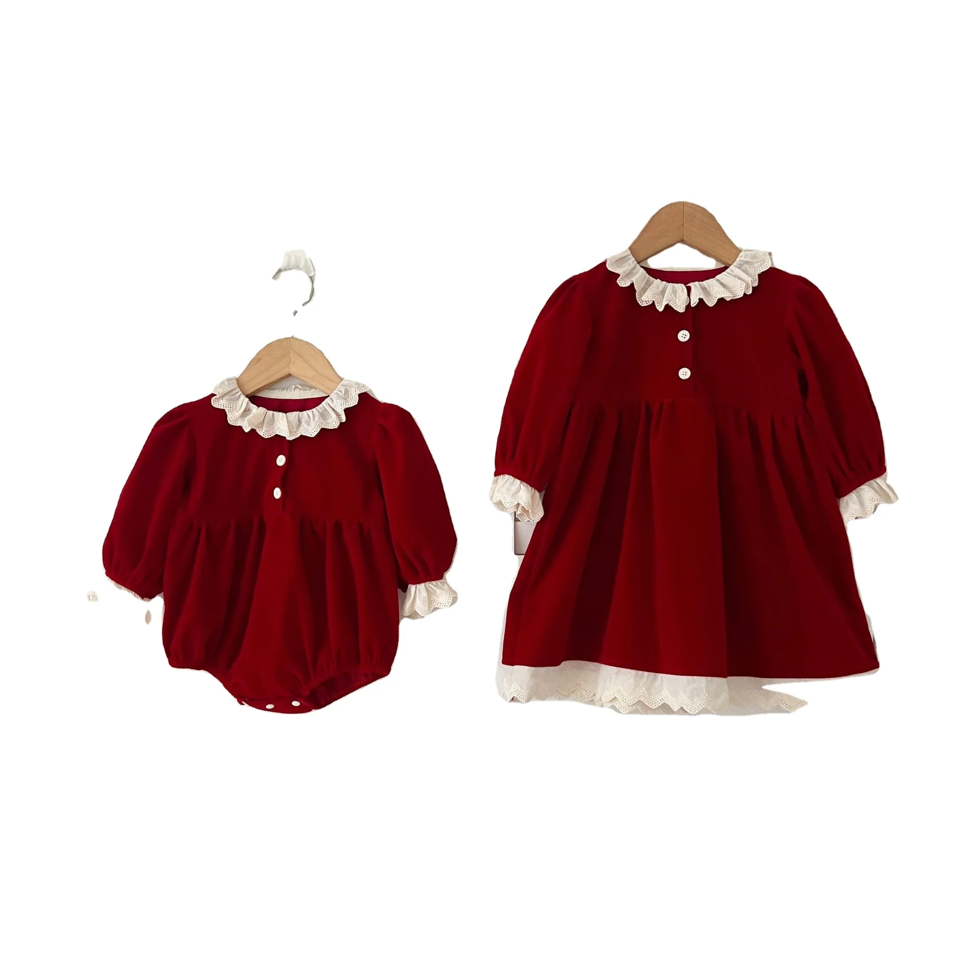 C1001 Christmas new year red newborn baby girls velvet dresses infant toddler kids puff sleeve romper jumpsuit clothing