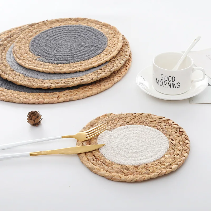 Straw round placemats Nordic minimalist style Handmade woven cotton woven mat water hyacinth cotton placemats