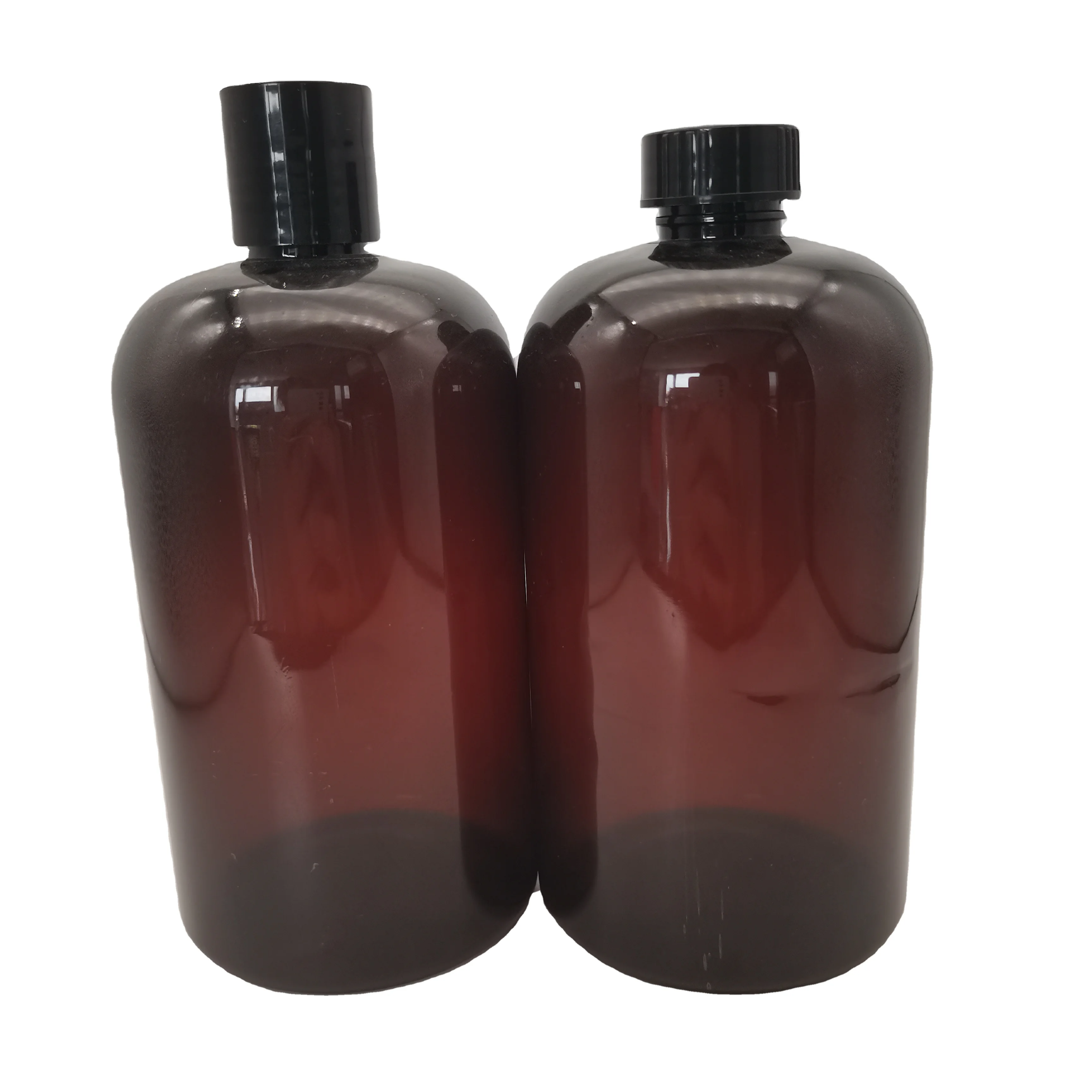 Dark amber Boston plastic bottle with black screw top and top