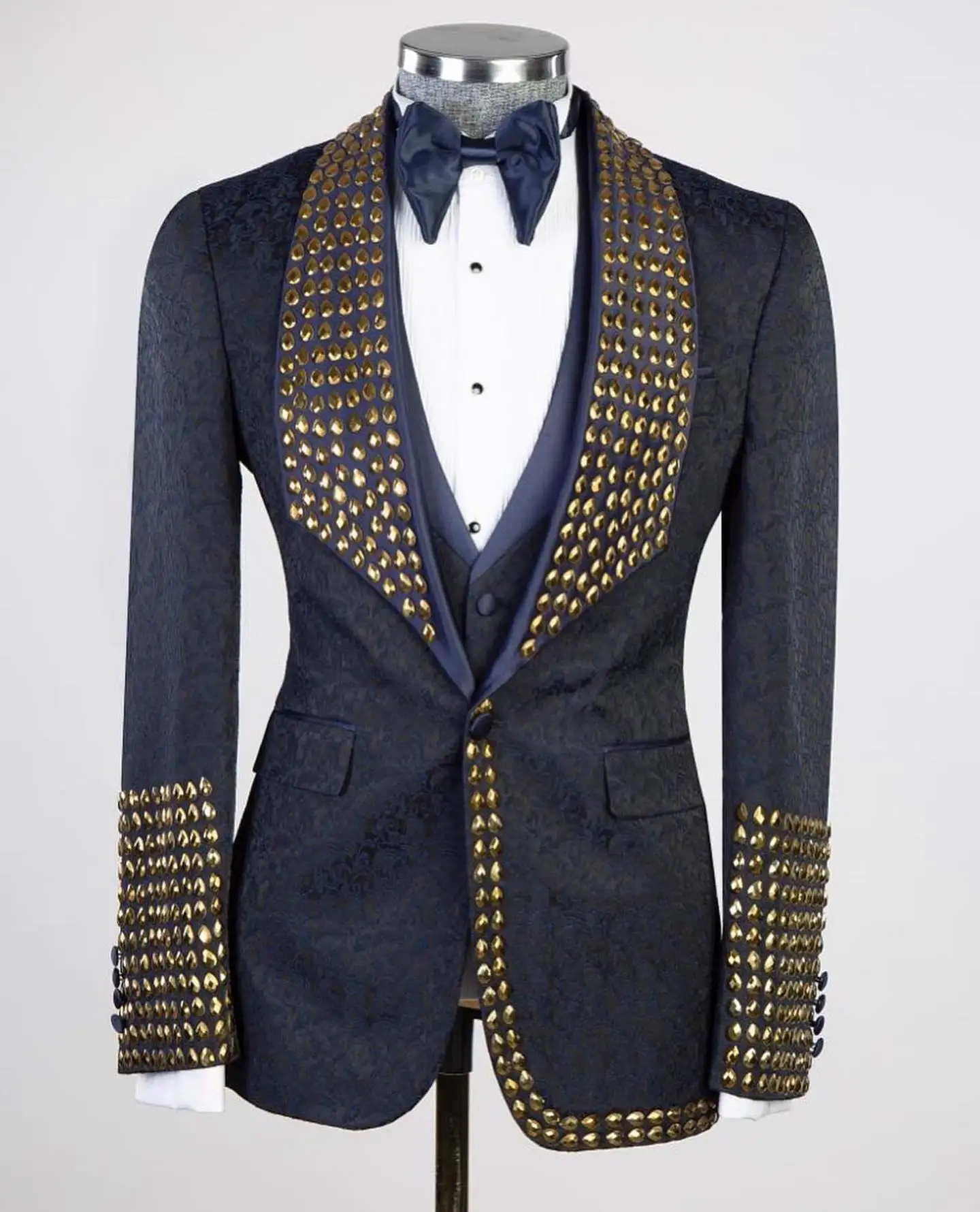 Tailor made stone shiny   Wedding  Suit For Men Formal Groom Luxury Prom Tuxedo Best  black Suits with yellow stones Man