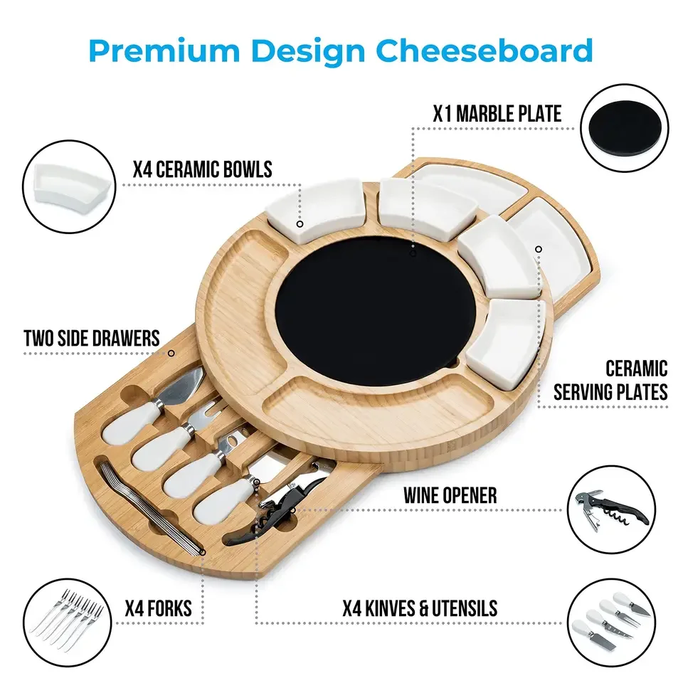 Bamboo Cheese Board Charcuterie Board Kitchen With Drawers Serving Platter Cutlery Server Knife Set with Tools