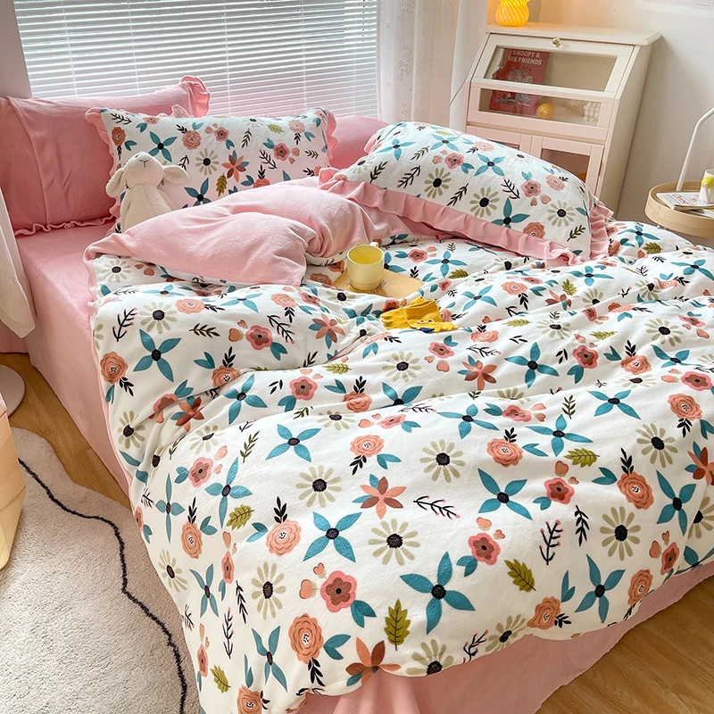 2025 new floral pink pleated edge milk velvet bed sheets set quilts cover 4 piece bedding set
