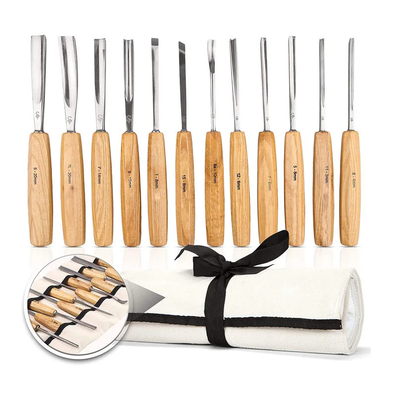 12Pcs Professional Carpentry Wood Working Carving Wooden Handle Chisel Set for DIY Sculpture with Cloth Bag Package