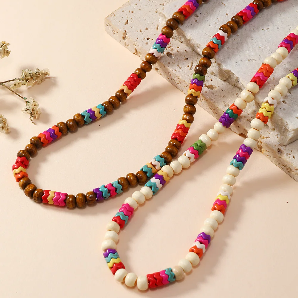 Colorful Wooden Puka Shell Necklace Seashell Natural Stone Beaded Long Choker Necklaces for Women Teen Girls
