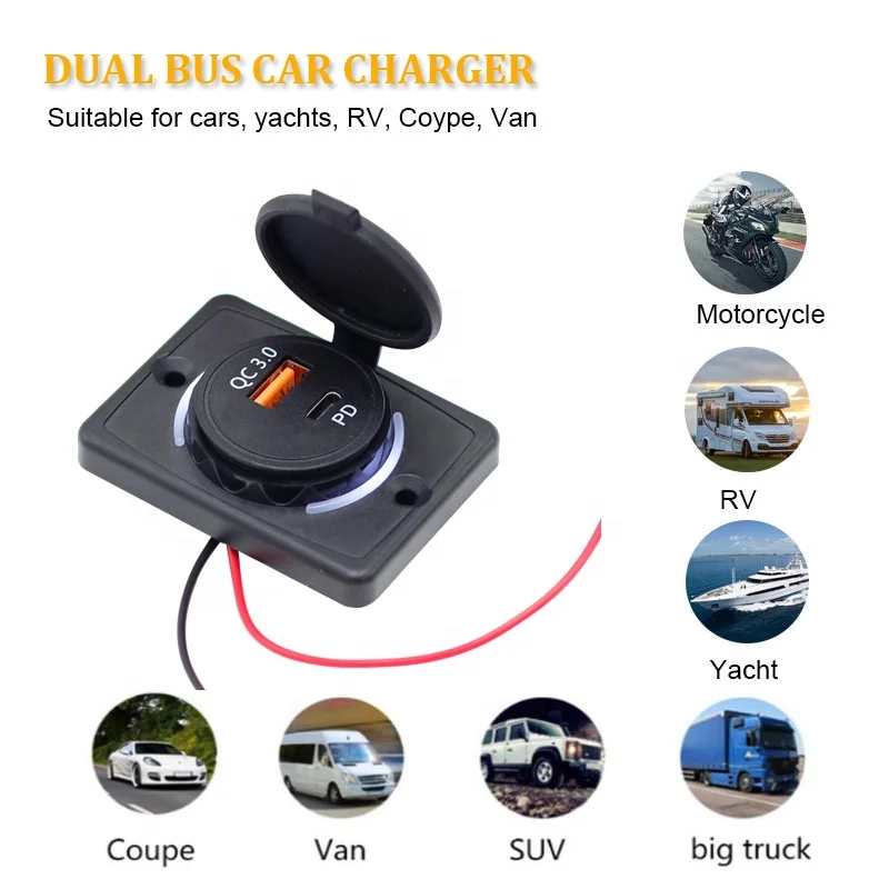 DC 12V 24V Dual Port Panel Surface Mount Fast Type-C Charger QC3.0 Type C PD USB Socket