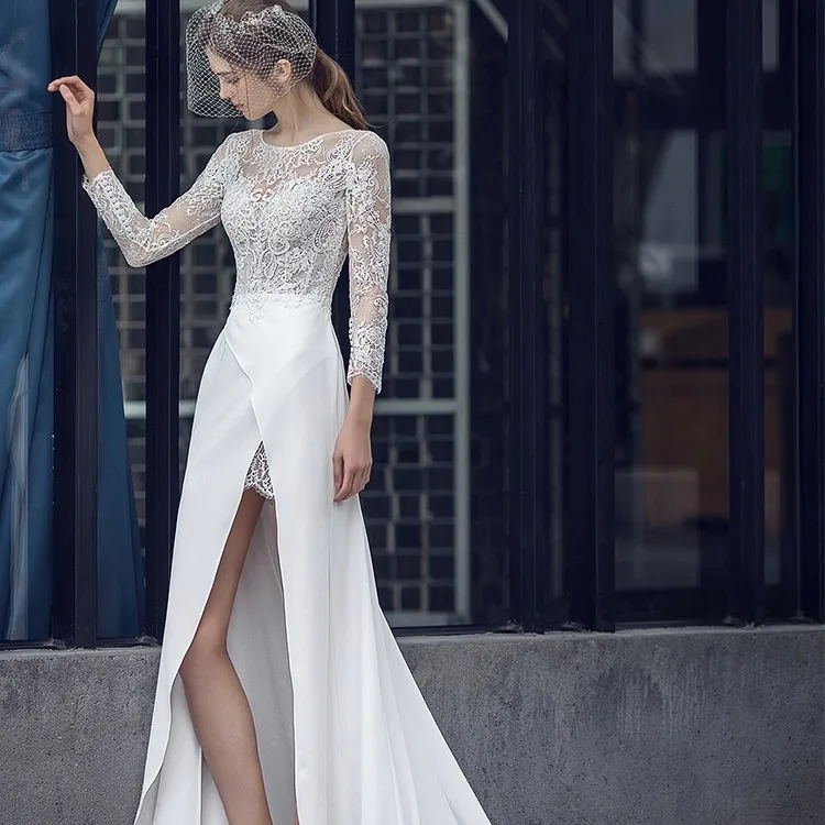 Lace Sweat Simple Party Wedding Dress Sexy Split Beaded Long Sleeve Evening Gowns Satin Mermaid Night Dresses Ladies