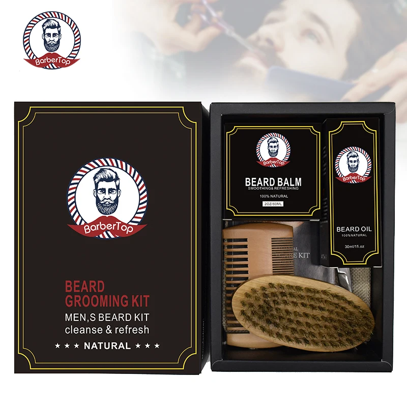 barber shop beard grooming kit with beard oil brush comb and scissor for home use