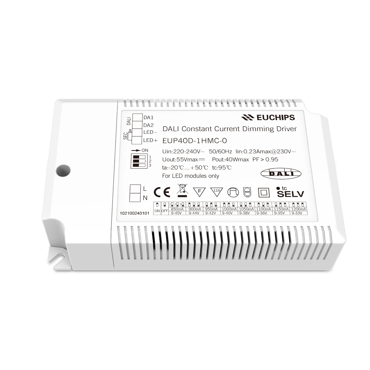 EUCHIPS 40W High Power Selectable LED Dimming Driver Dali Constant Current Dimmable Led Driver for Lighting Systems
