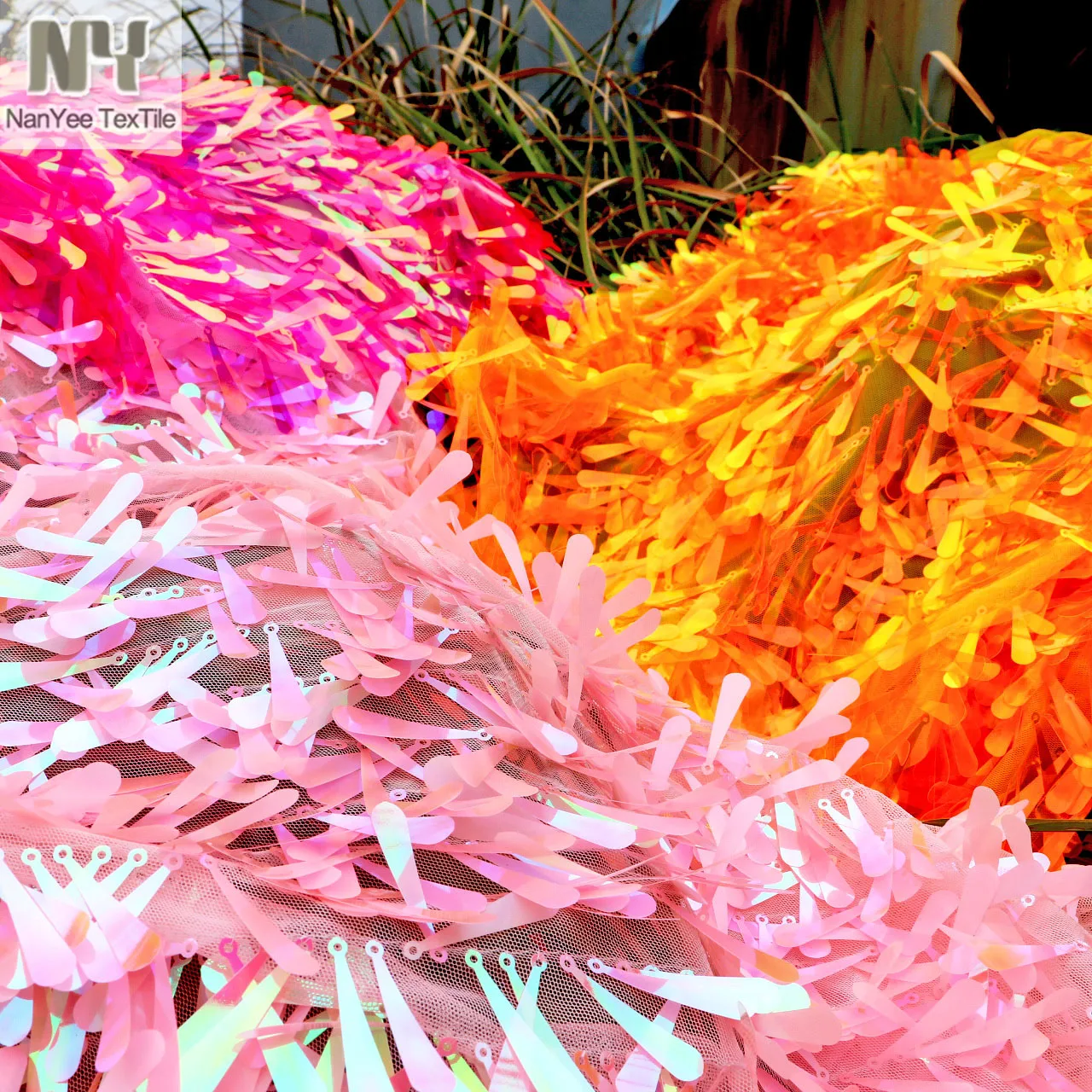 Nanyee Textile New Exclusive 40mm Strip Neon Orange Cone Shape Baseball Bat Sequin Fabric