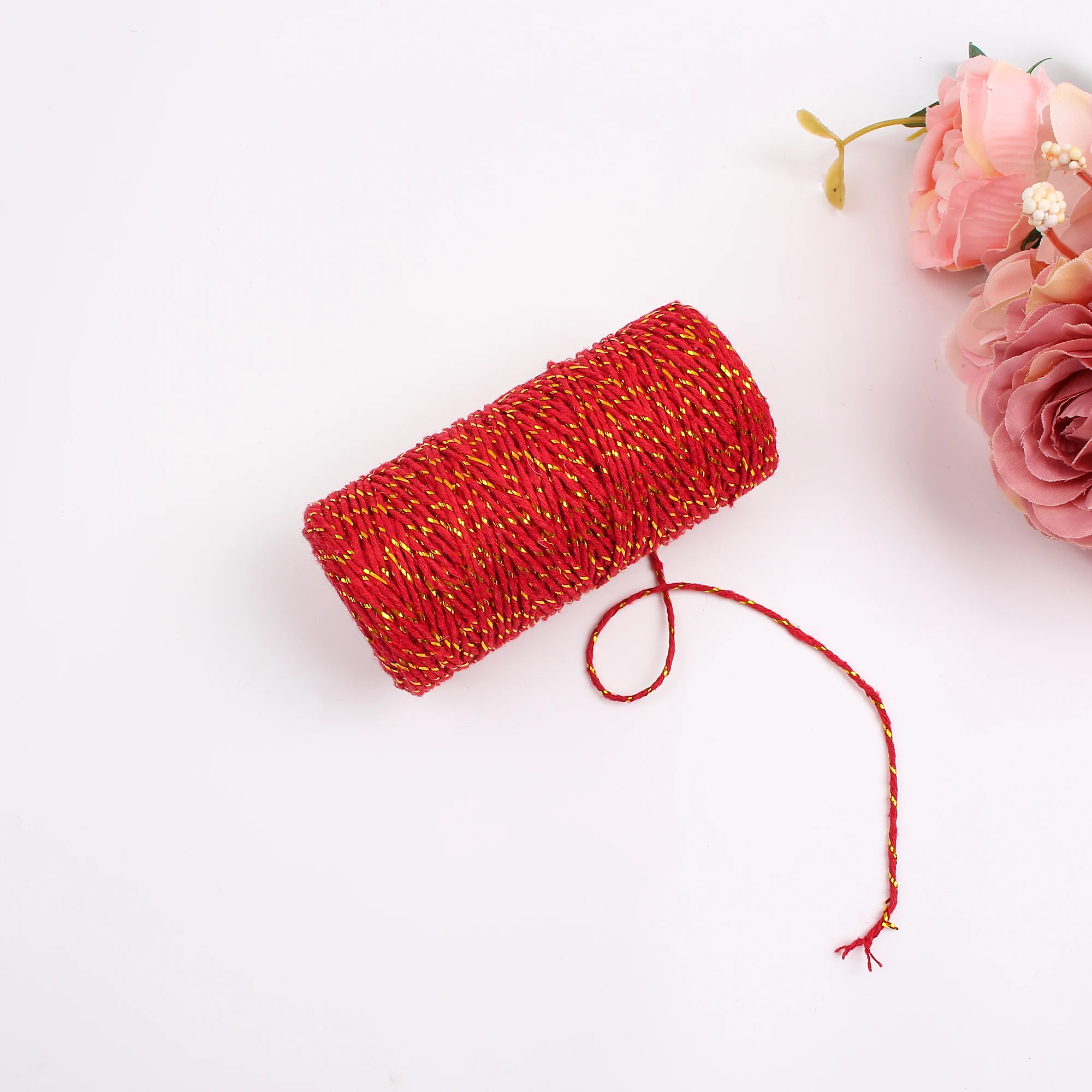 2mm Red Gold Silk Cotton Rope DIY Handwoven Gift Packaging Rope Christmas Decoration Binding Hanging Tag Rope RC06261212