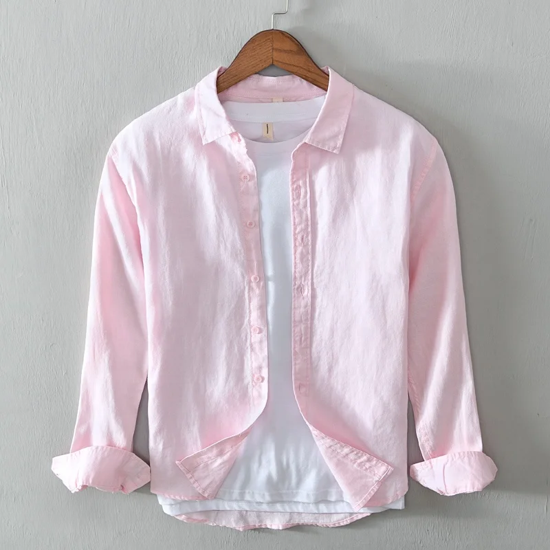 Оптовая продажа, оптовая продажа, экологически чистые мужские повседневные льняные рубашки 100% для мальчиков с длинным рукавом, с пуговицами, органические, белые, розовые