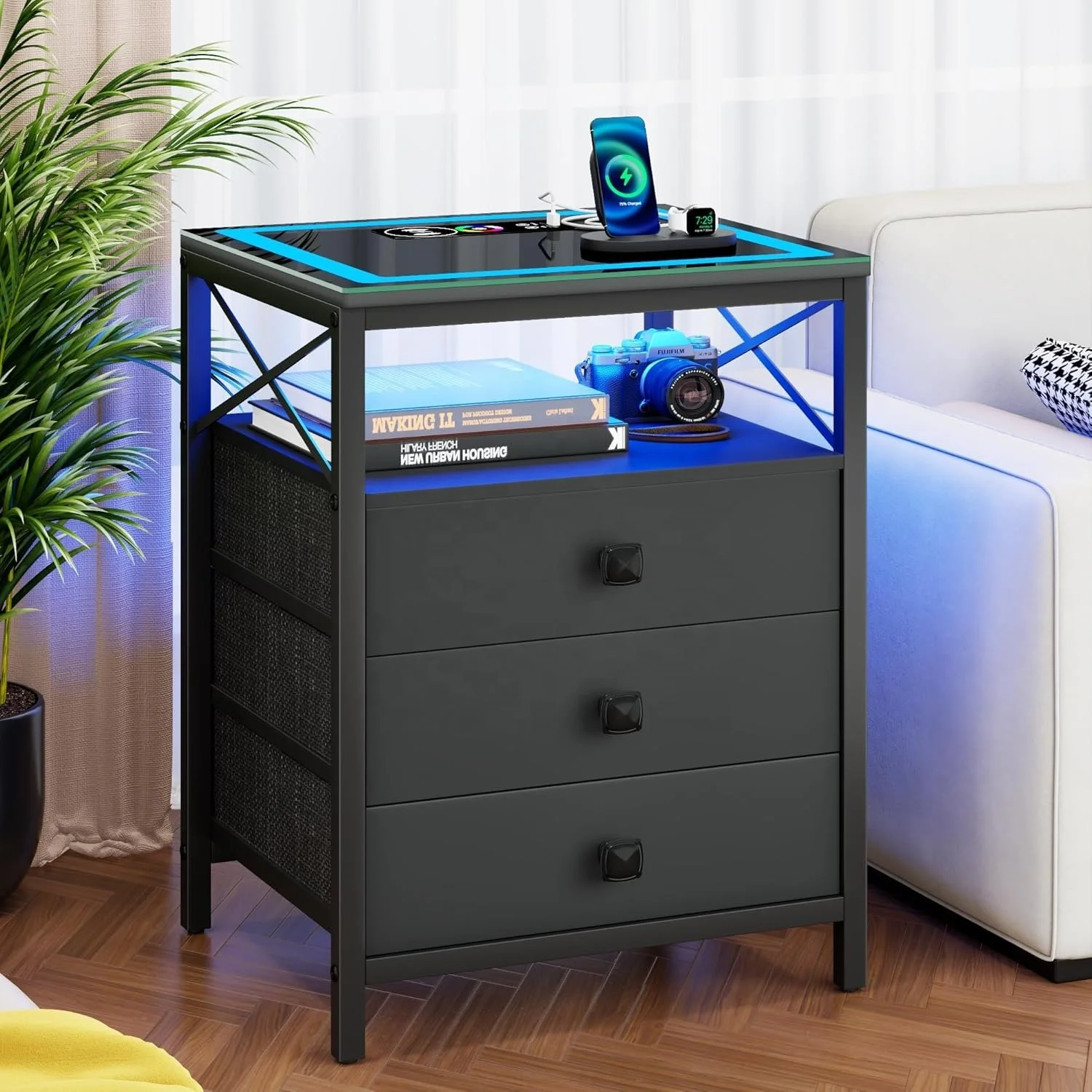 Smart Living Room Nightstand End Side Table USB Port & Power Outlet Bedroom table with drawers storage cabinet and glass top