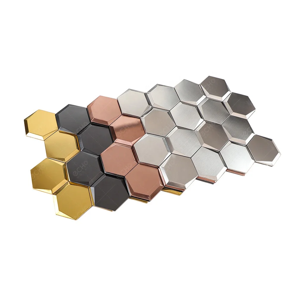 3D Hexagonal Gold Brushed Stainless Steel Peel and Stick Metal Mosaic Tiles