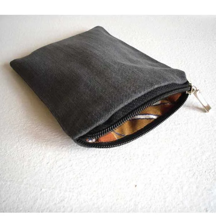 GRAY DENIM FABRIC SMALL ZIP POUCH WITH COLORFUL LINING FABRIC