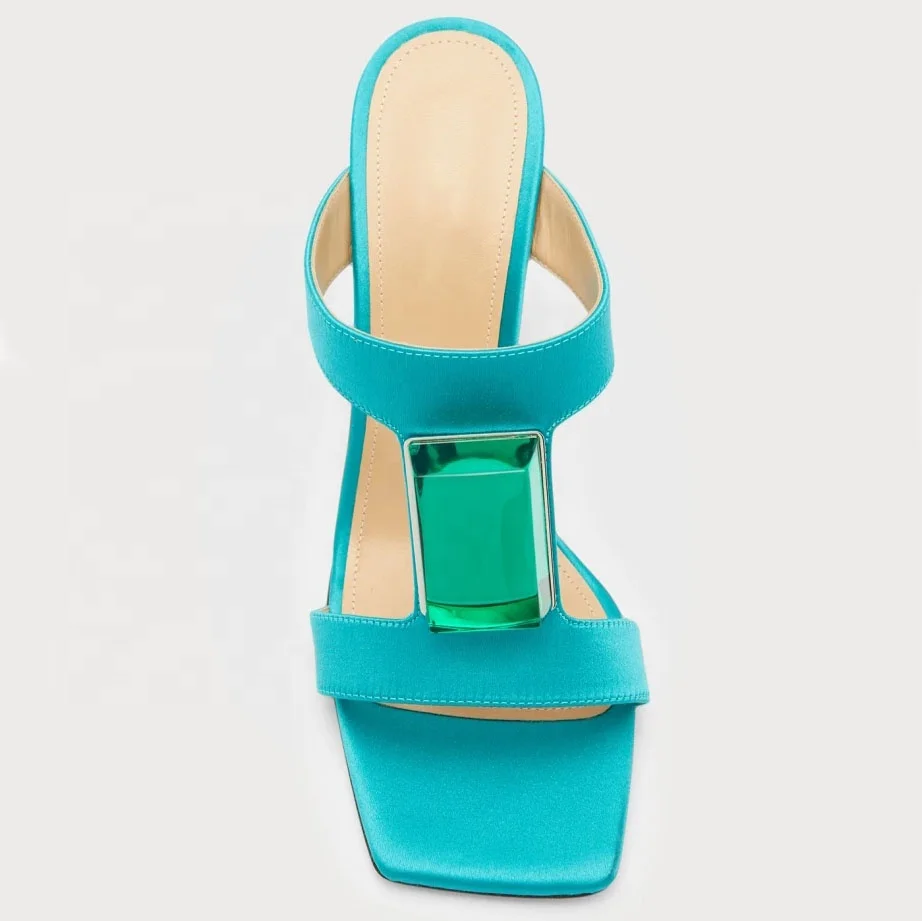 Anmairon Fashion Royal Blue Satin Square Toe Chunky Heel Dress Sandals Luxury Special Heel Woman Mules Shoes