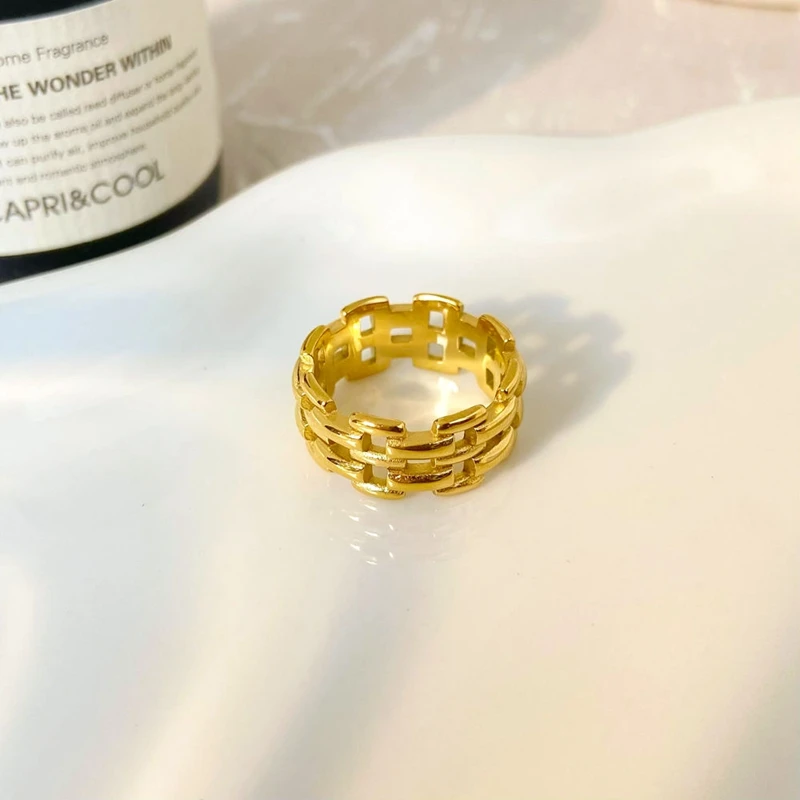 Minimalist Vintage 18K PVD Gold Plated Stainless Steel Ring Hollowed Bars Design for Wedding Engagement or Gift in 2024