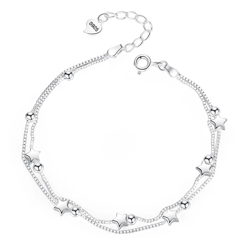 VANA Five Pointed Star Cute Double 2 Layered Box Chain Sterling Silver Charms Fine Women Friendship Bracelet Jewellery Jewelry