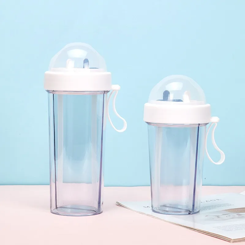 Hot Sale 420ML/600ML Portable Dual Use Plastic Water Bottle With 2 Straws