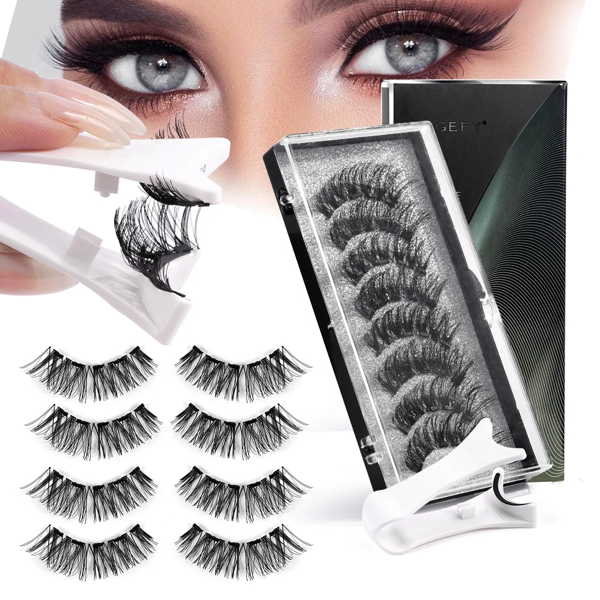 MAGEFY private label magnetic false eyelashes custom wholesale clear band dual magnetic eyelashes with applicator set