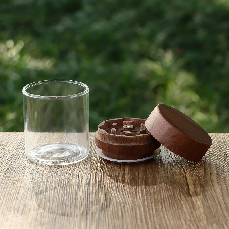 Premium Walnut Wood Grinder with Glass Jar Wooden Herb Grinder for Smoking Accessories