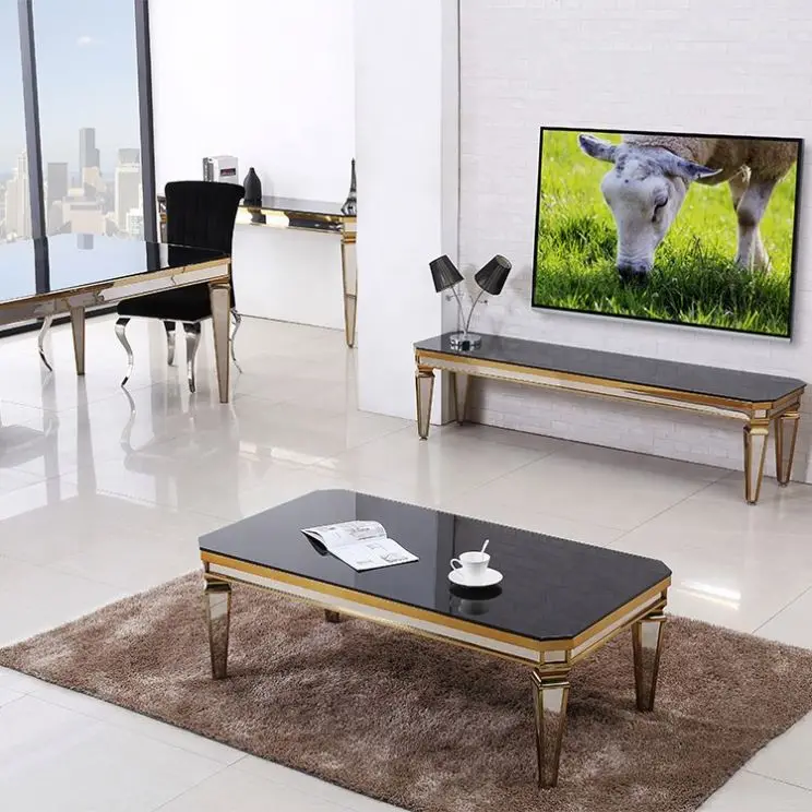 Simple Modern Design Black Glass Top Table Living Room Furniture Rectangular SS 201 Metal Coffee Table