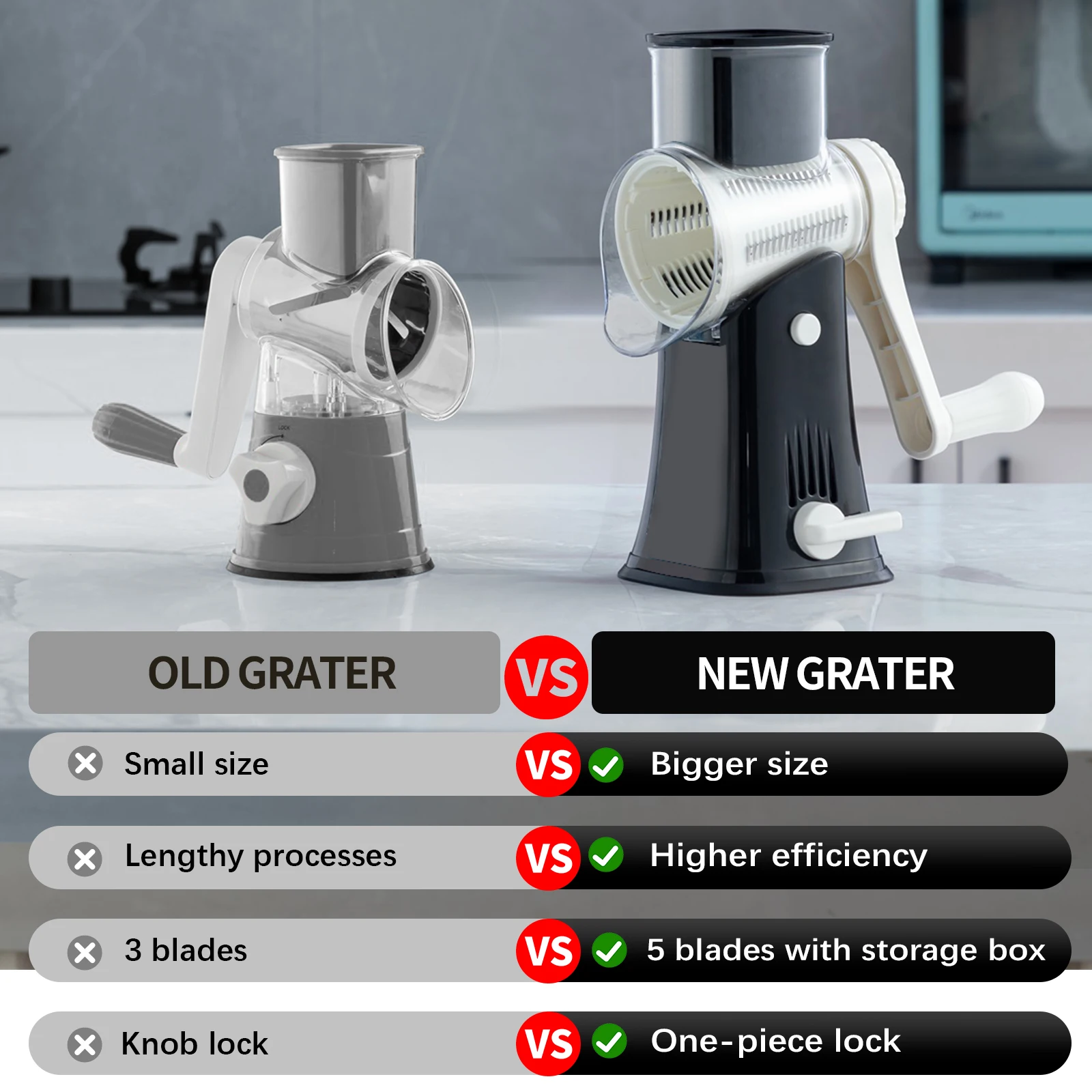 Rotary Drum Grater With 3 Stainless Steel Blades Tabletop Drum Grater Set Vegetable Fruit Rotary Cheese Grater With Container