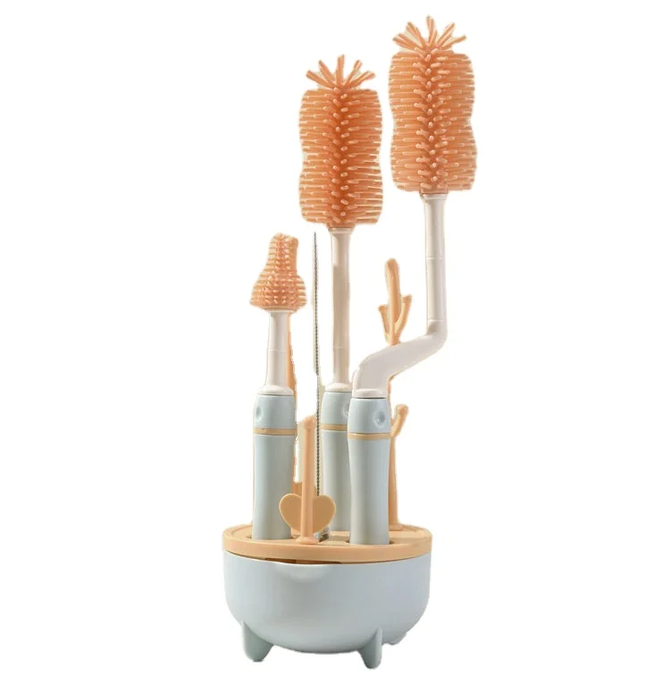 4 IN 1 Multipurpose Silicone Bottle Brush Set with Stand 360 Degree Rotating Baby Bottle Cleaning Brush Cleaner for Travel Home