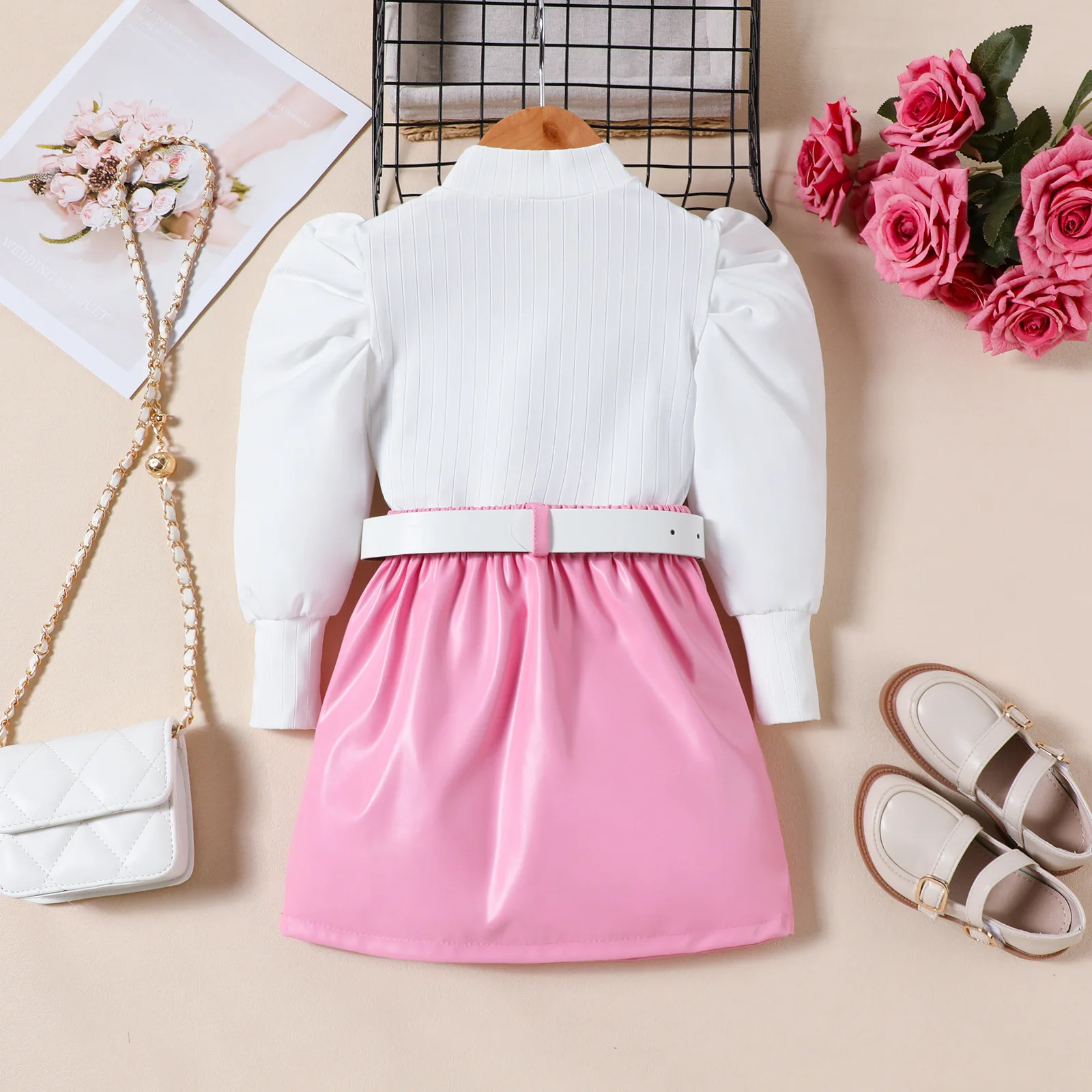 Girls autumn clothes outfits Children bubble sleeve top + PU leather skirt + leather belt three-piece set