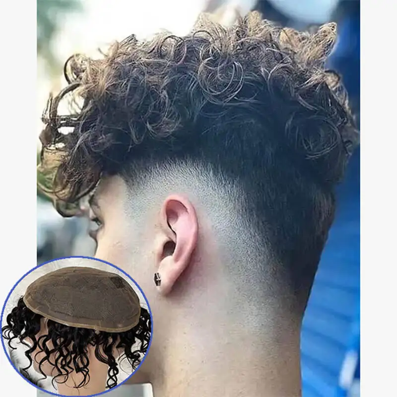 Mens Hairpiece Hair Replacement System Human Hair Loose Wavy Hairstyle French Lcae   toupee full lace 10x8