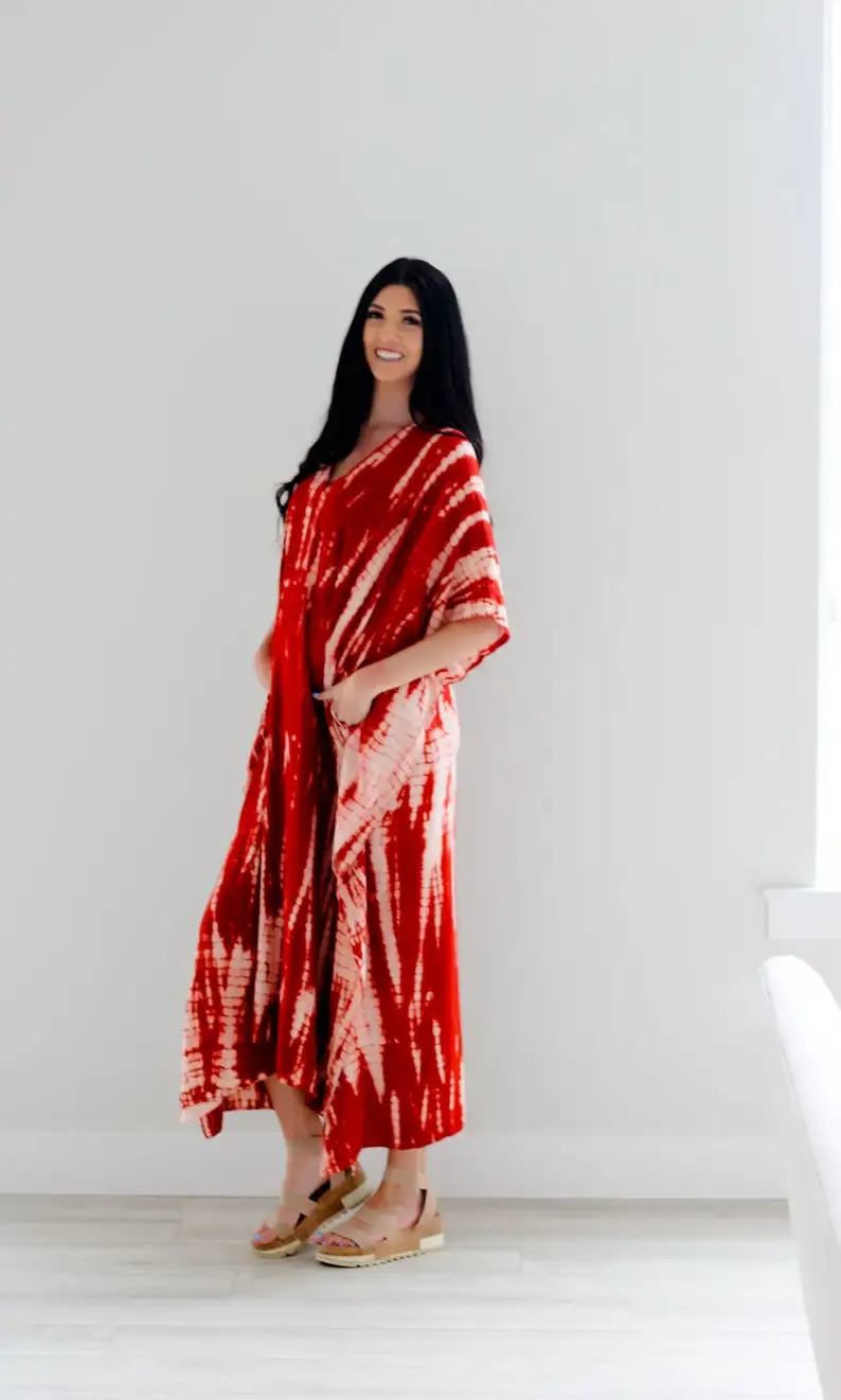Comfy plus size red kaftan with pockets perfect for Christmas gift for wife Wear Cloths New Cotton Summer Clothing Summer Wear