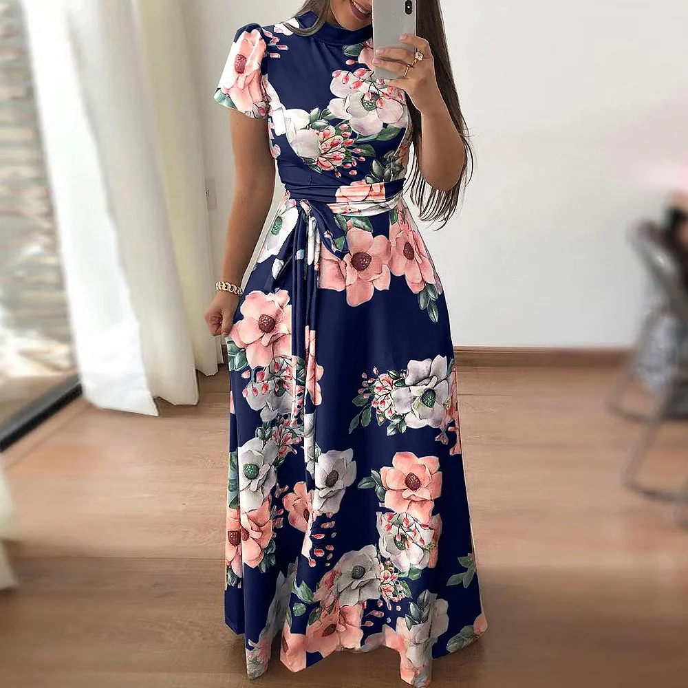 Women Summer Casual Long Skirt Sets Boho Floral Print Maxi Dress Turtleneck Bandage Elegant Dresses