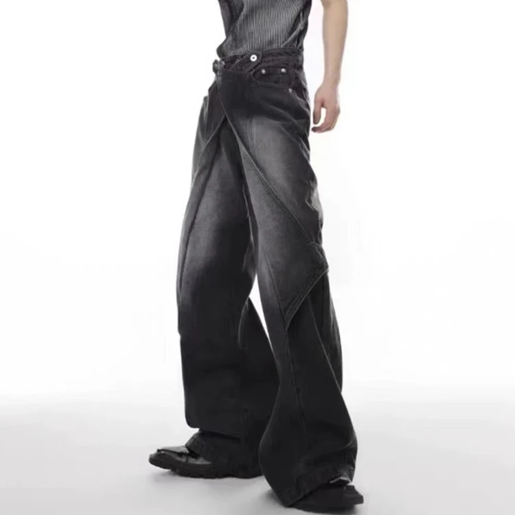 OEM Custom Manufacturer Street wear Buttons Jeans Custom Wave Loose Fit Stacked Wide Leg Flare Vintage Washed Heavy Denim Jeans