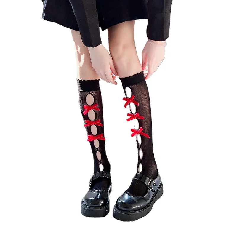 Wholesale Nylon Sheer Silk Dress Socks for Girls Knee High Long Bowknot Calf Breathable Knitted Fashion Style