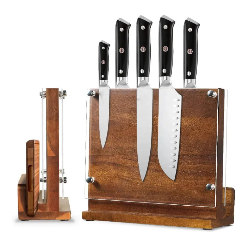 Acacia Wood Universal Knife Storage Organizer Double Side Kitchen Knife Holder Magnetic Knife Block with Acrylic Shield
