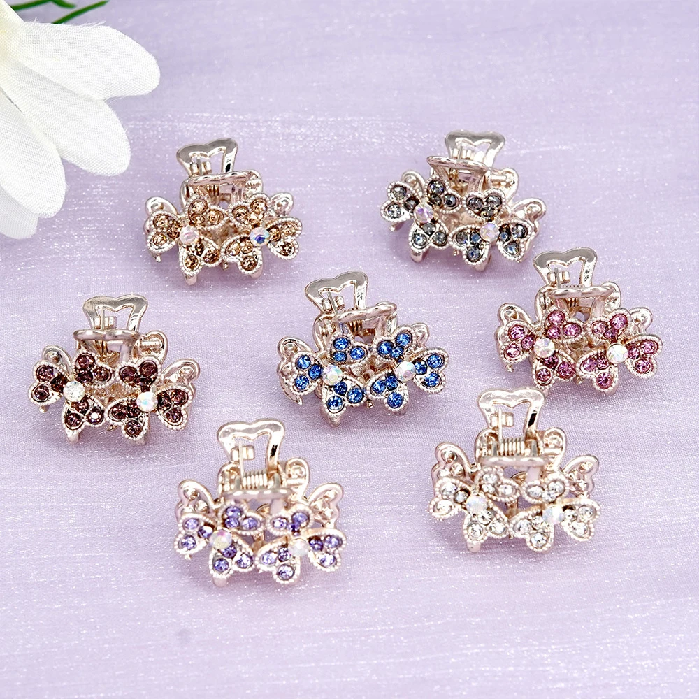 New Popular Style Gold Alloy Girls Sweet mini claw metal clips with rhinestone stones Flower Mini colorful hair claws for kids