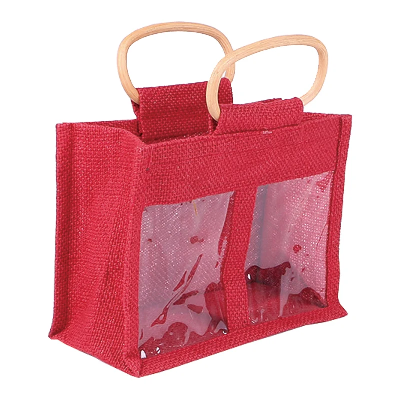 Custom Print Burlap Jute Jar Bag Wine Jute Bag Tote Red Color with Clear PVC Window