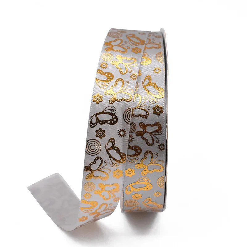Factory custom polyester band butterfly bronzing fine printed diy patterns gift box decorative accessory ribbon